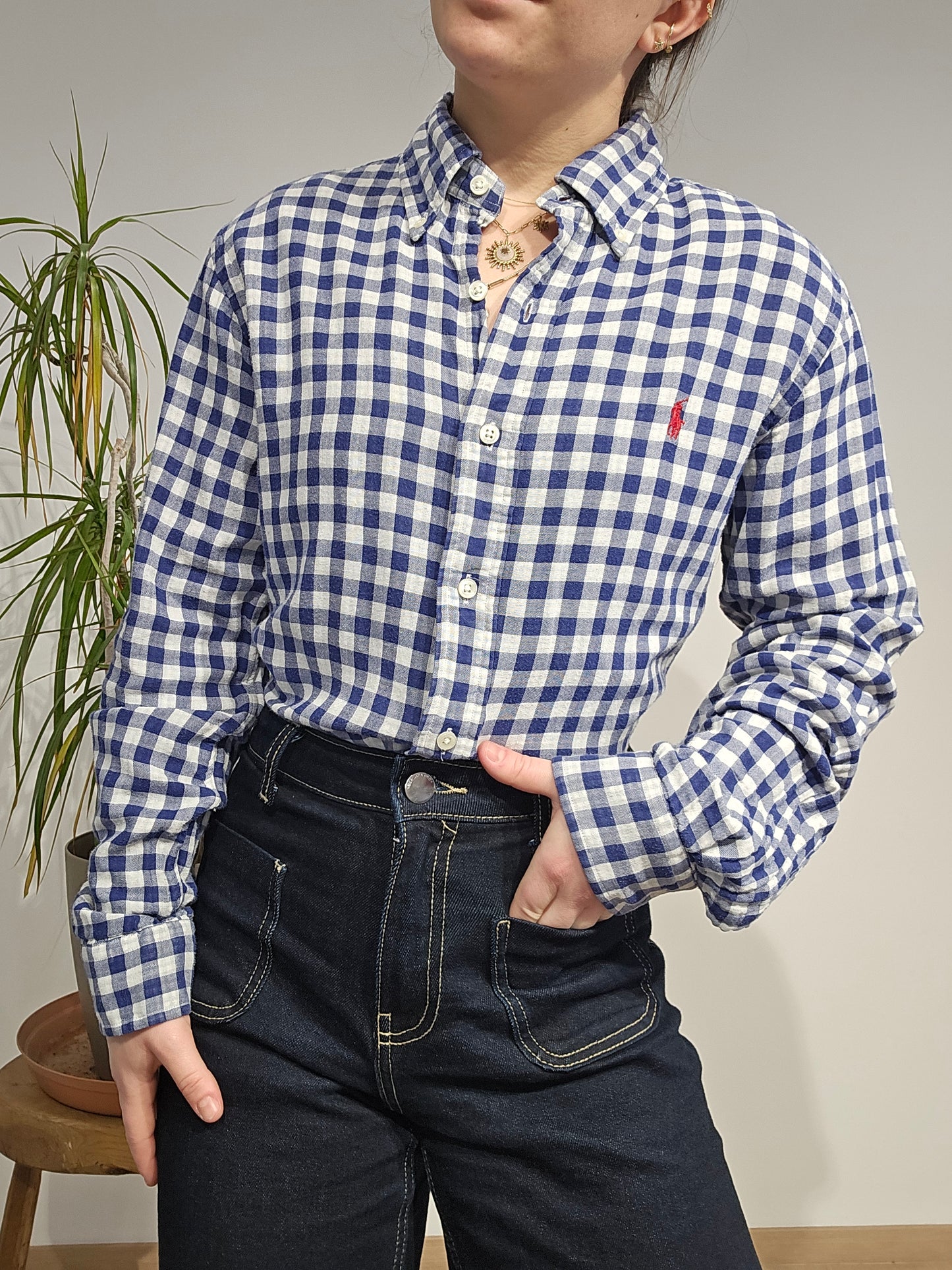 Chemise coupe Silm fit en coton vichy bleu - S