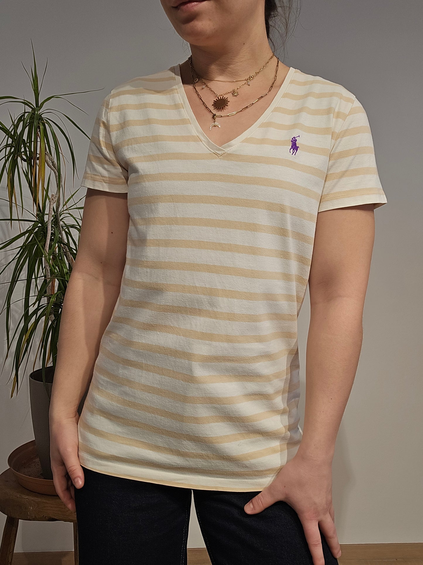 Tee-shirt col V en coton beige à rayures - S/M