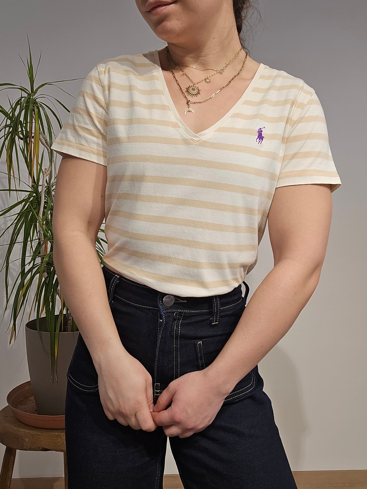 Tee-shirt col V en coton beige à rayures - S/M