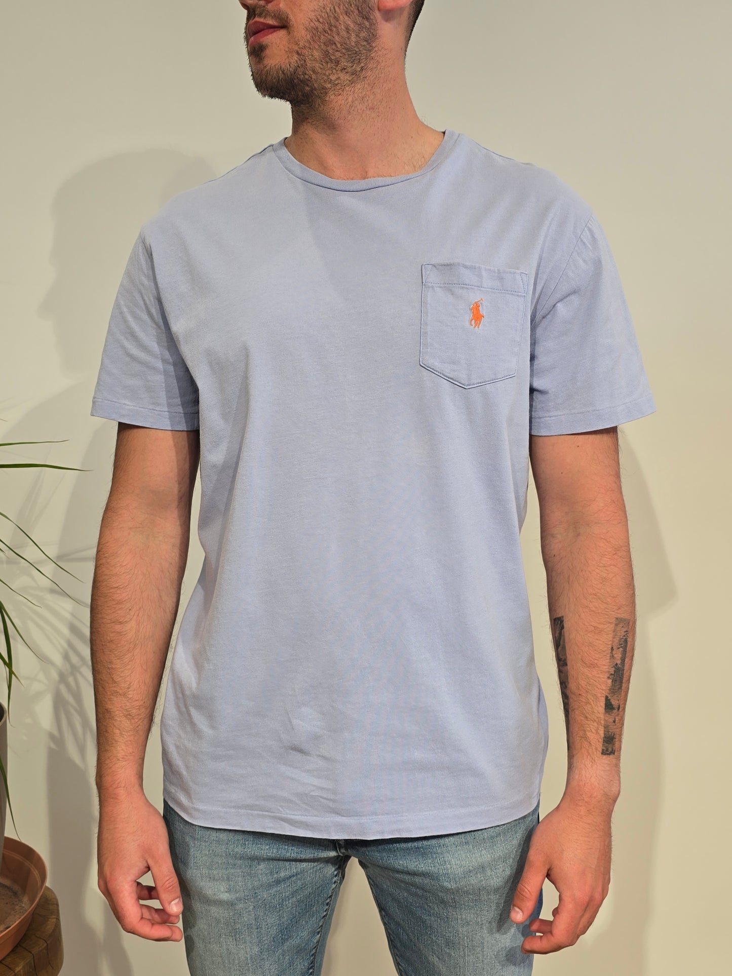 Tee-shirt col rond en coton bleu ciel - L