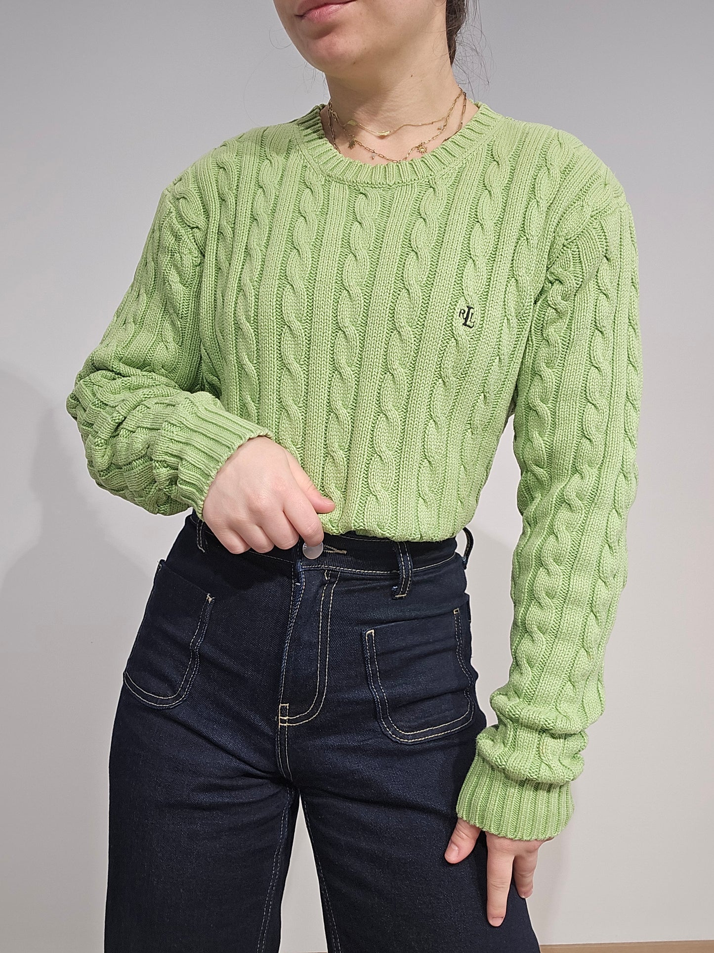 Pull col rond en maille torsadée vert - S/M