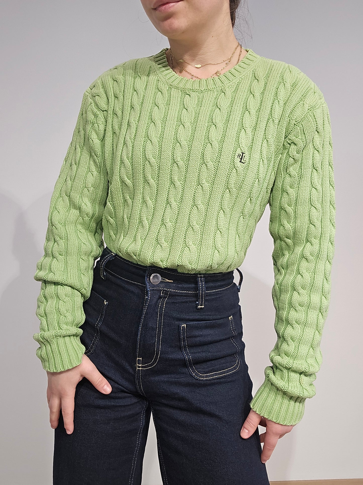 Pull col rond en maille torsadée vert - S/M