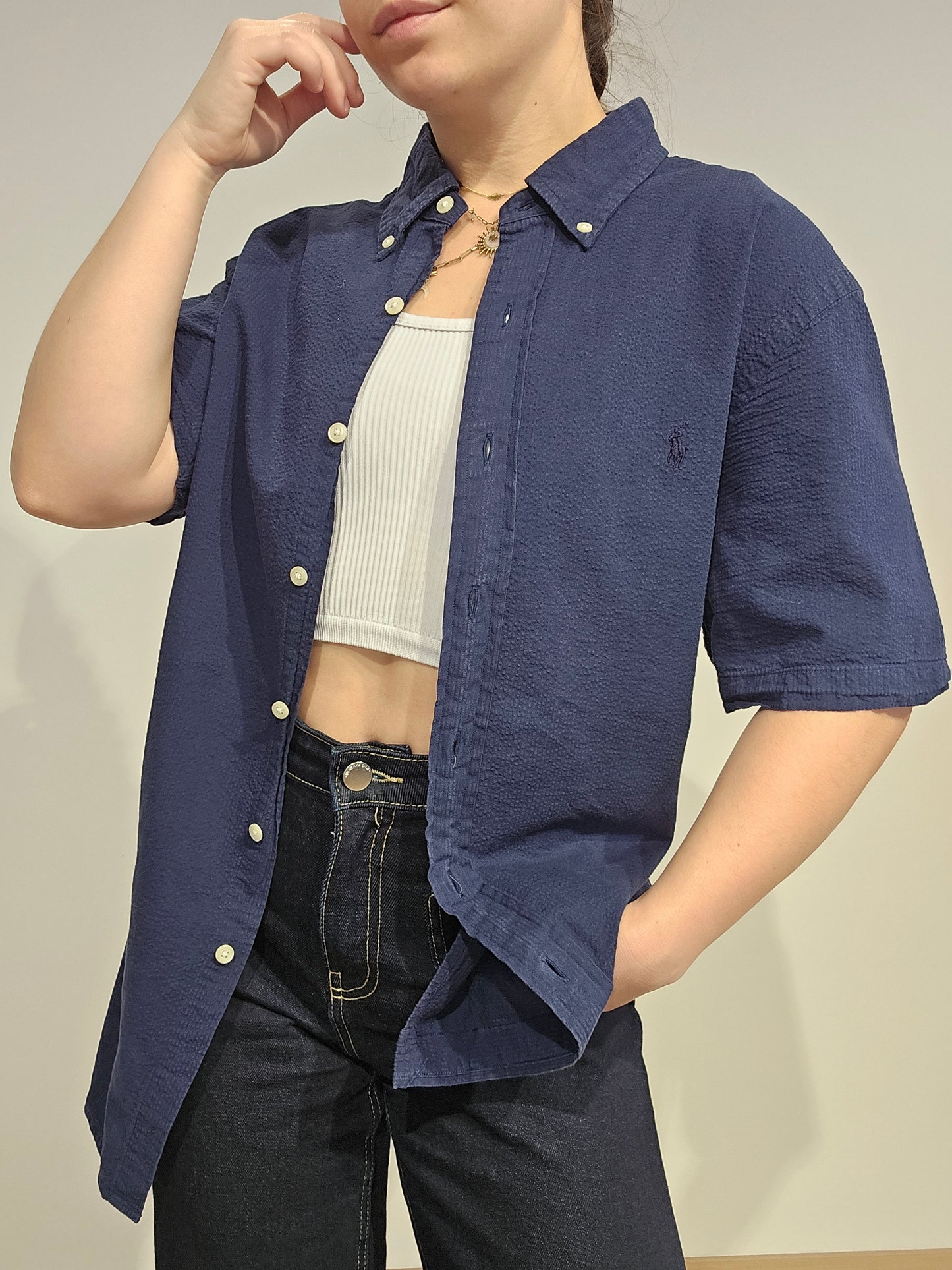 Chemise coupe silm fit en coton marine - L