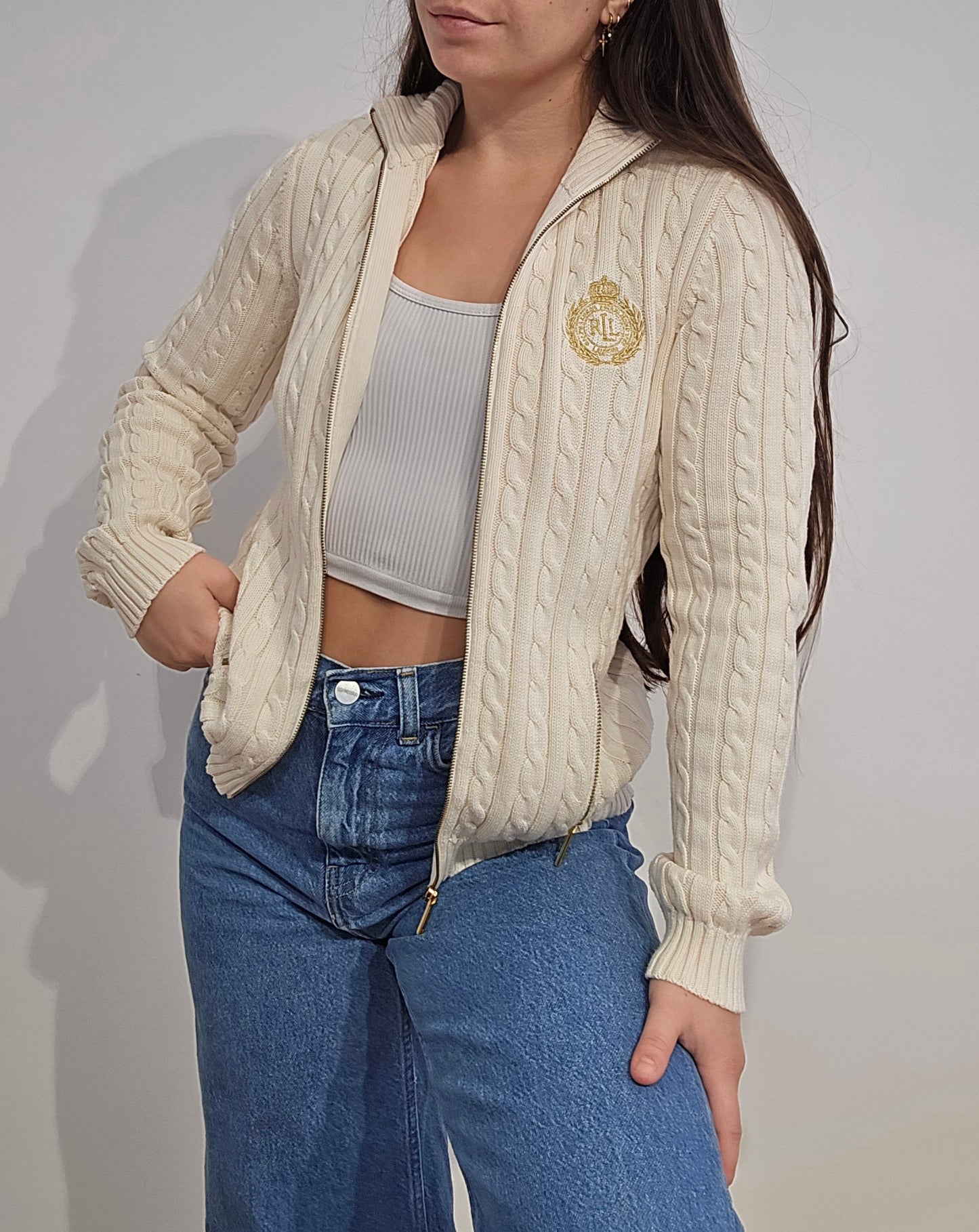 Veste en maille torsadée crème brodée - XS