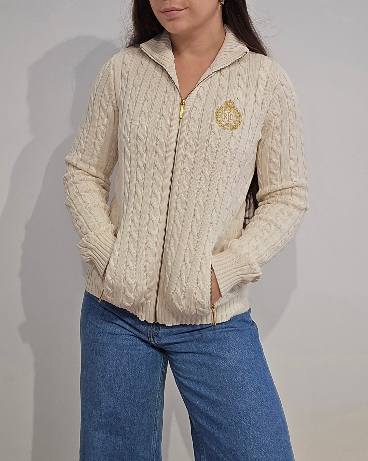 Veste en maille torsadée crème brodée - XS
