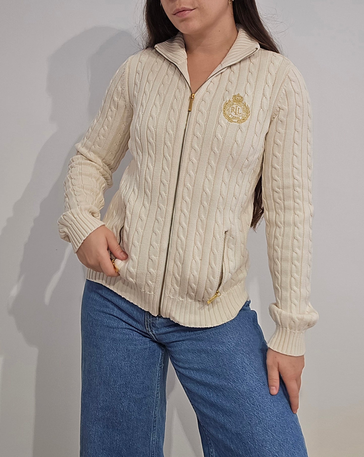 Veste en maille torsadée crème brodée - XS