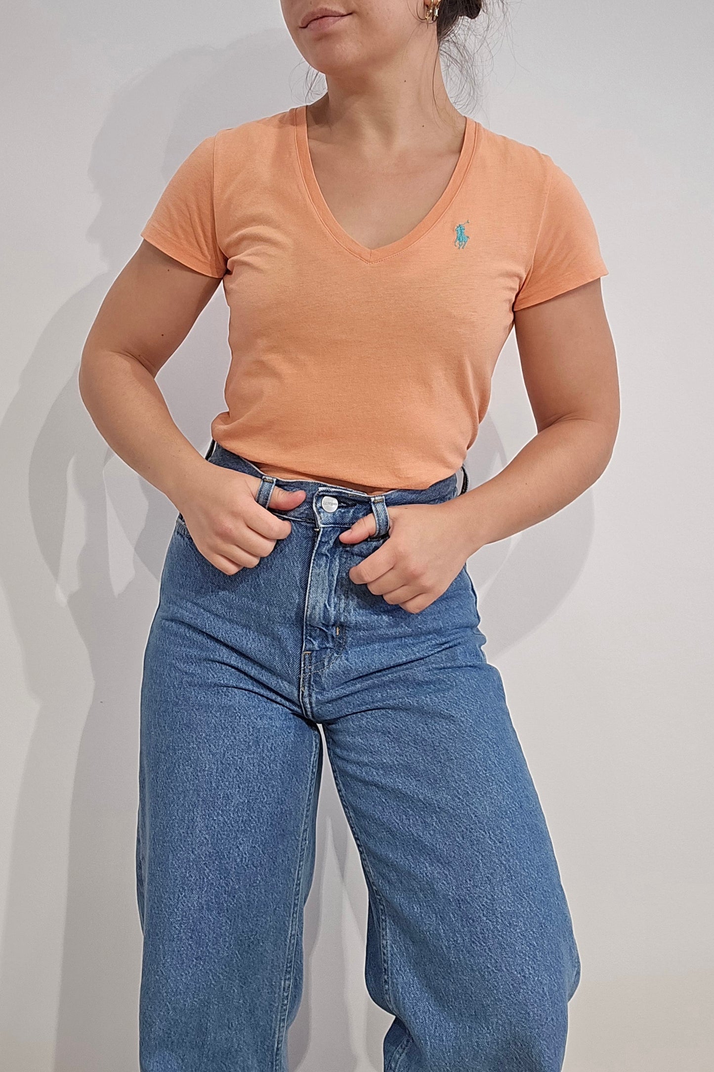 Tee-shirt col V en coton orange - XS