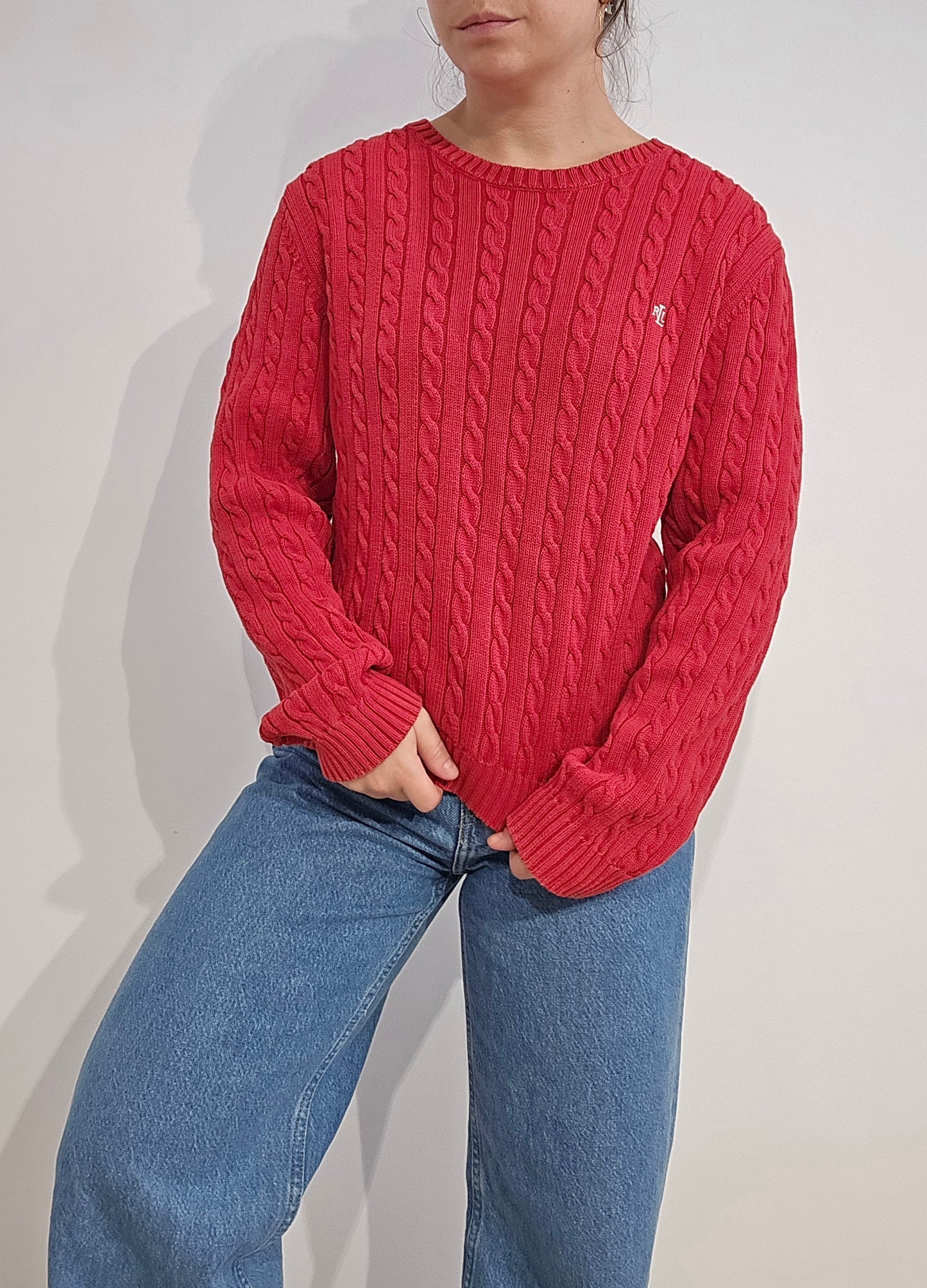 Pull col rond en maille torsadée rouge collection RLR - L