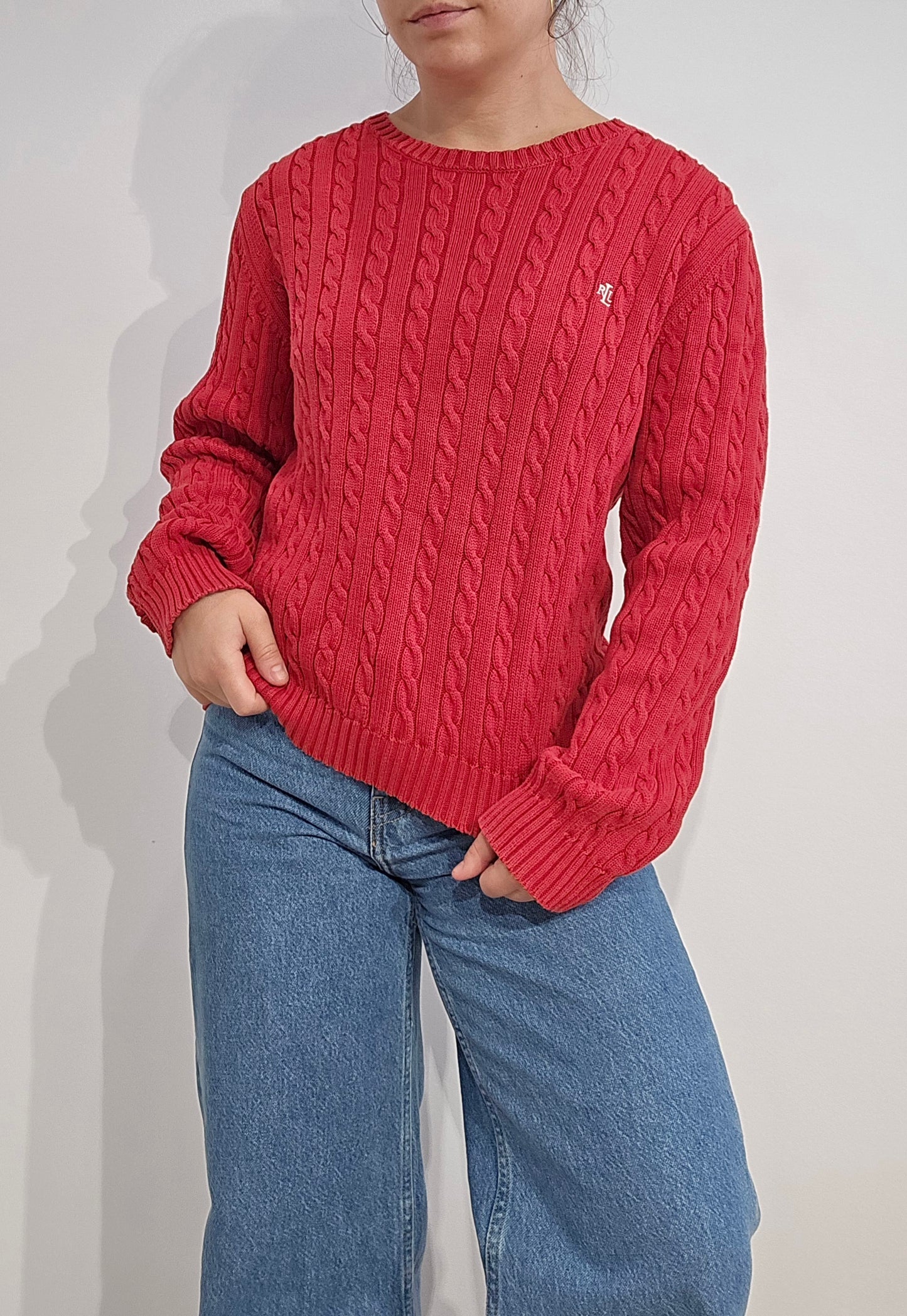 Pull col rond en maille torsadée rouge collection RLR - L