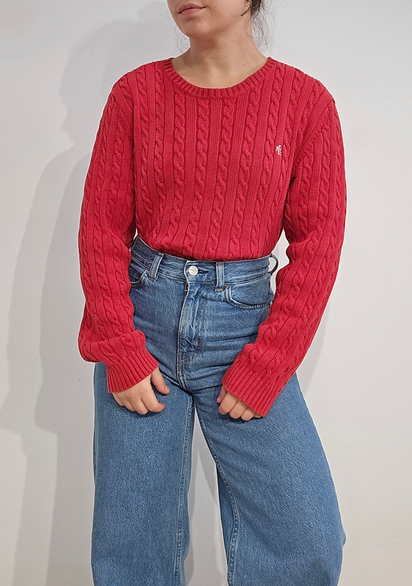 Pull col rond en maille torsadée rouge collection RLR - L