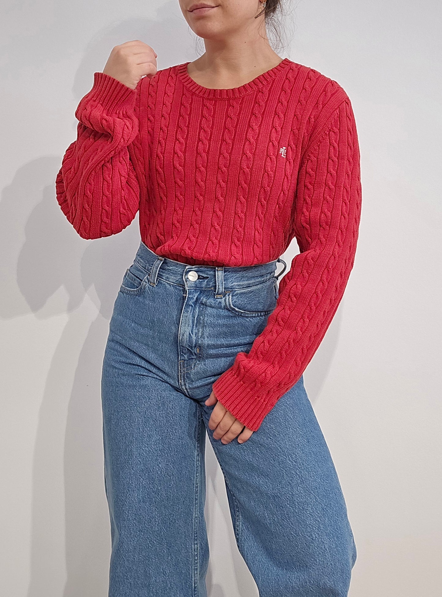 Pull col rond en maille torsadée rouge collection RLR - L
