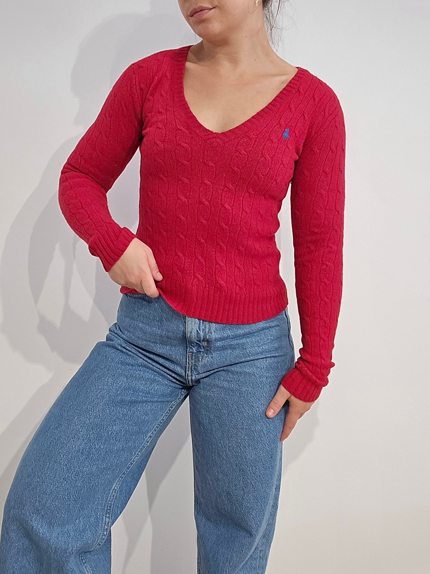 Pull col V en maille torsadée rouge - XXS