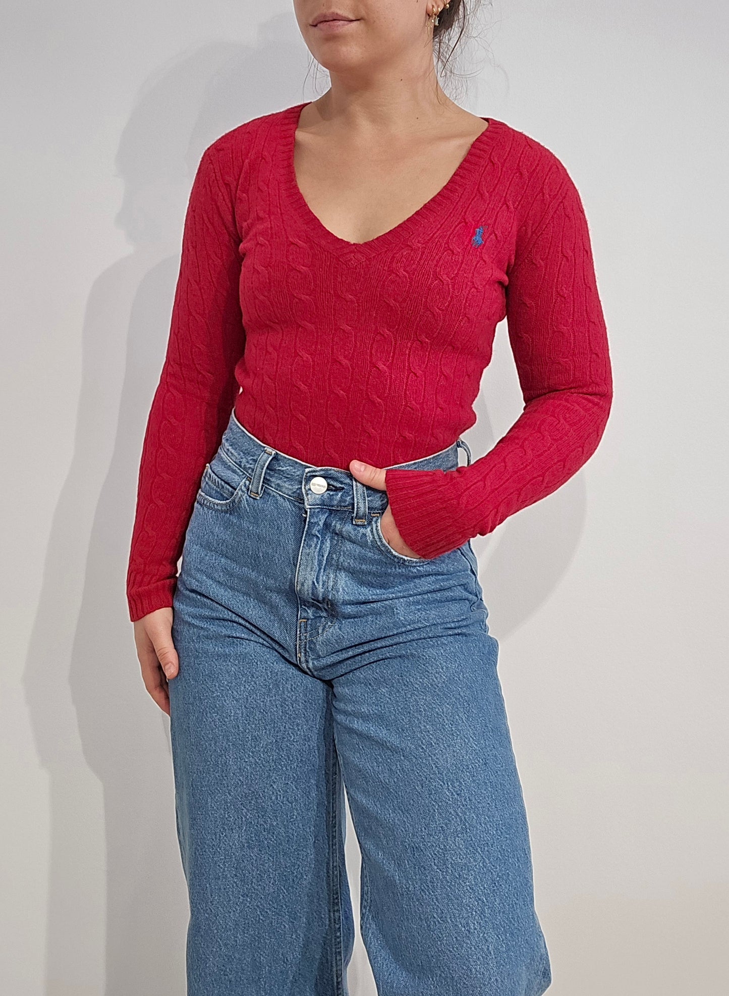 Pull col V en maille torsadée rouge - XXS
