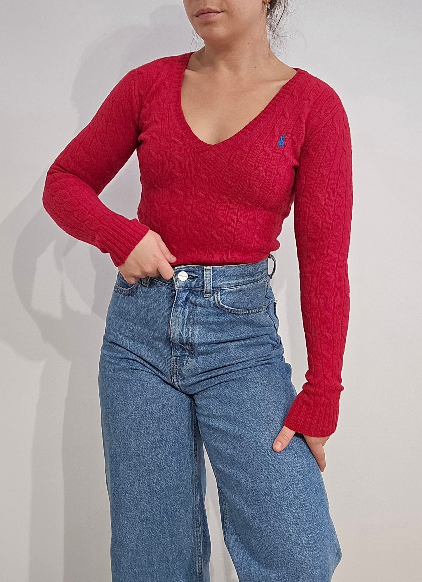 Pull col V en maille torsadée rouge - XXS