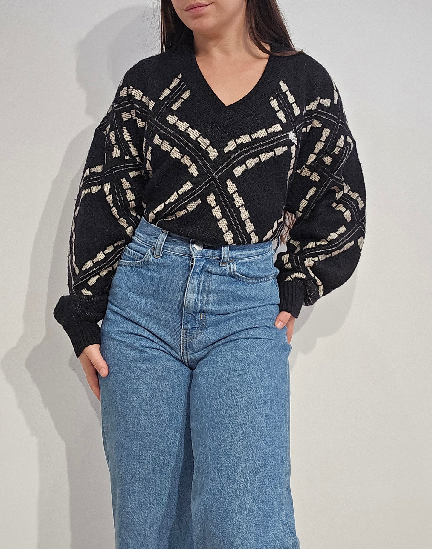 Pull col V à motifs des années 80'- L