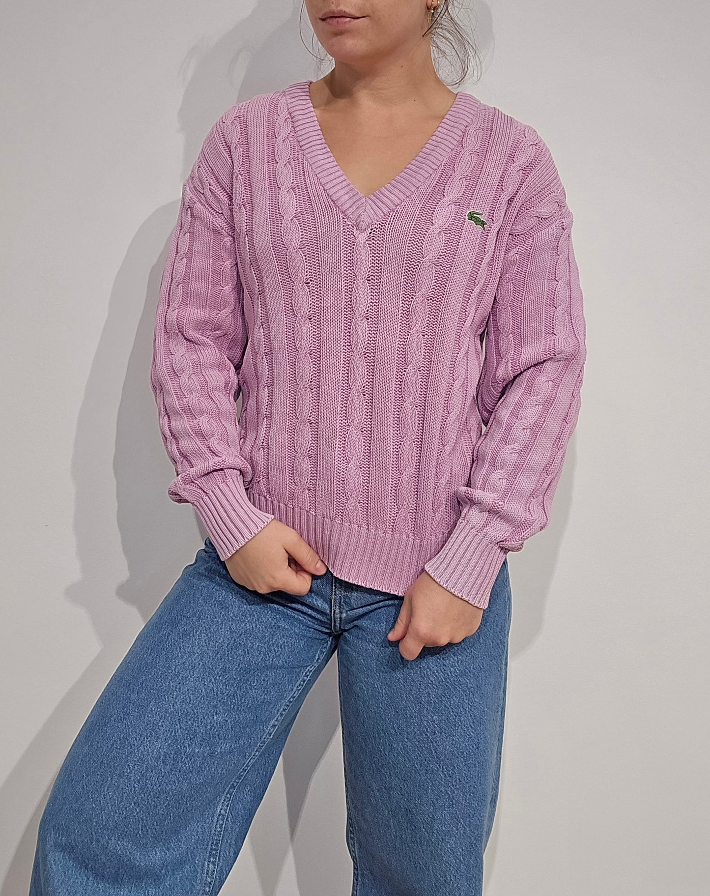 Pull col V en maille torsadée rose des années 80' - S