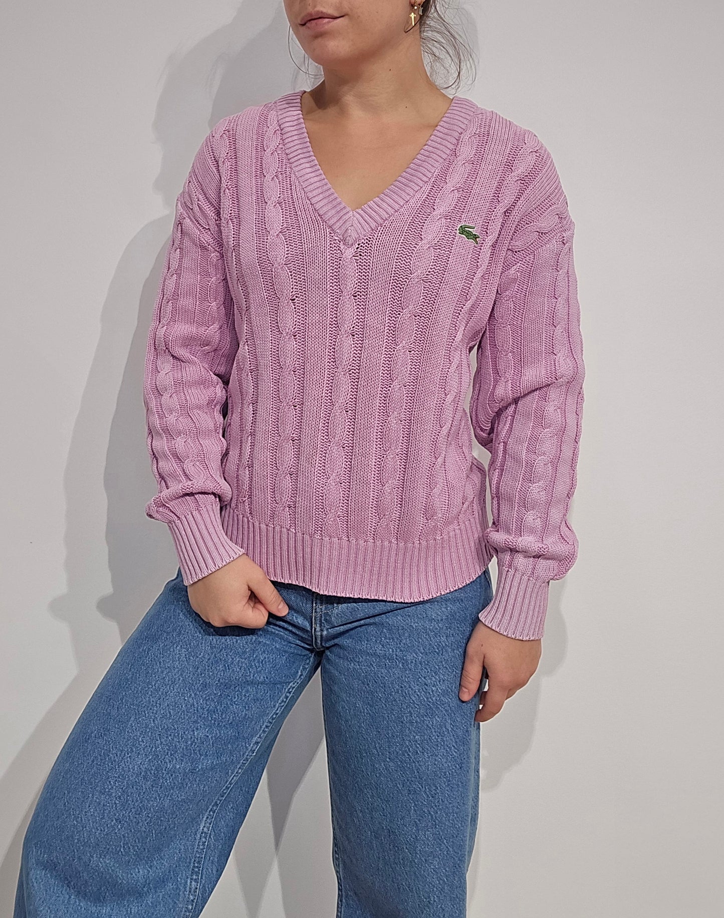 Pull col V en maille torsadée rose des années 80' - S
