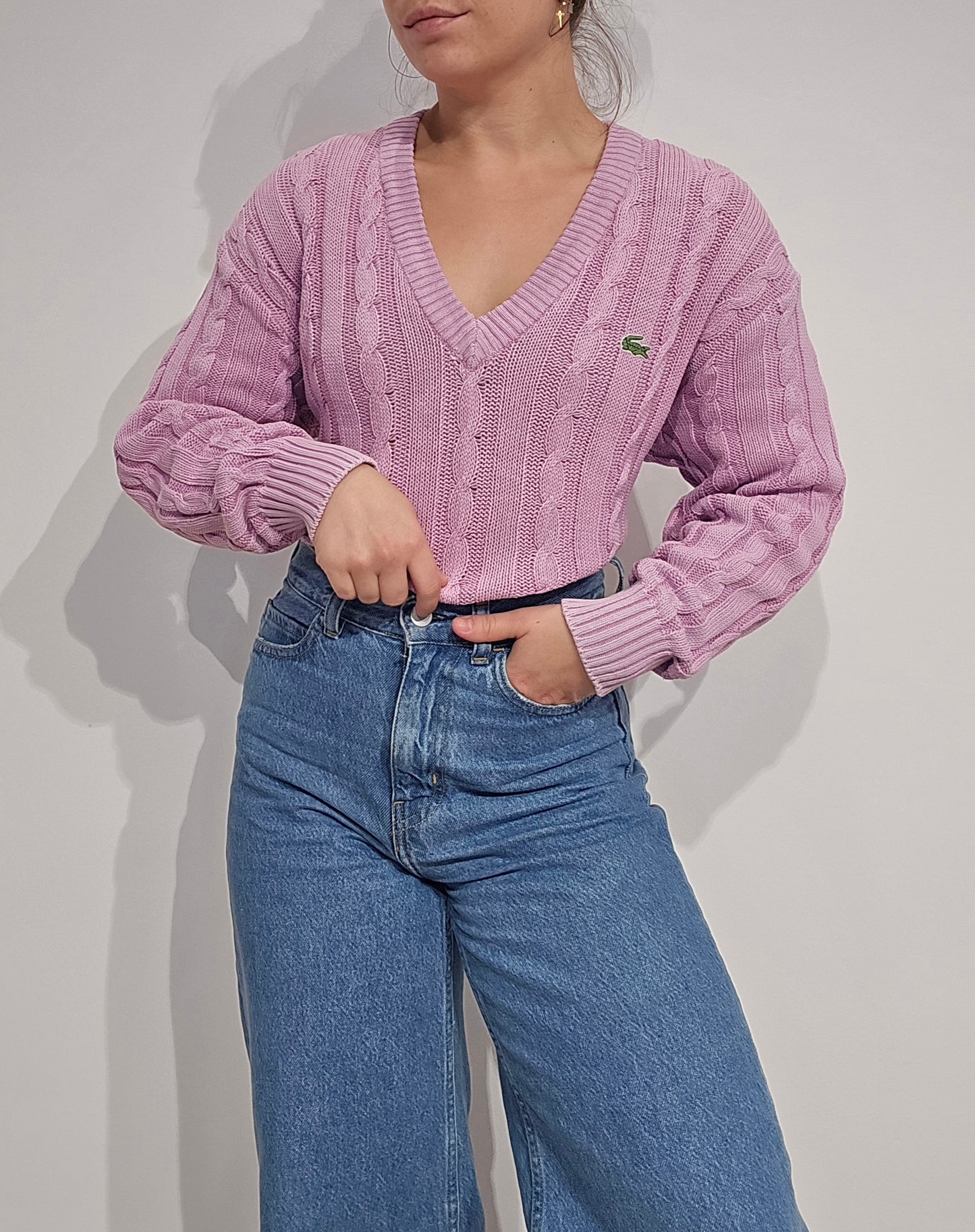 Pull col V en maille torsadée rose des années 80' - S