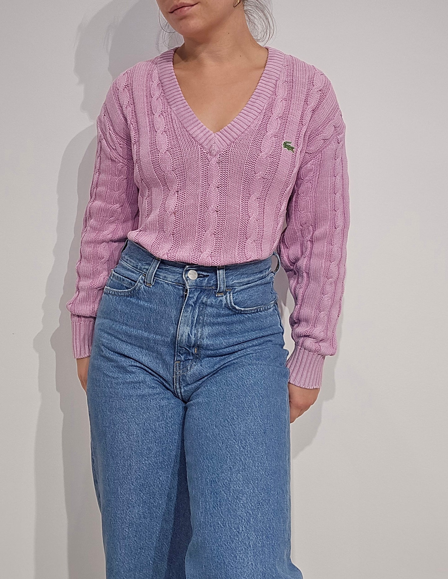 Pull col V en maille torsadée rose des années 80' - S
