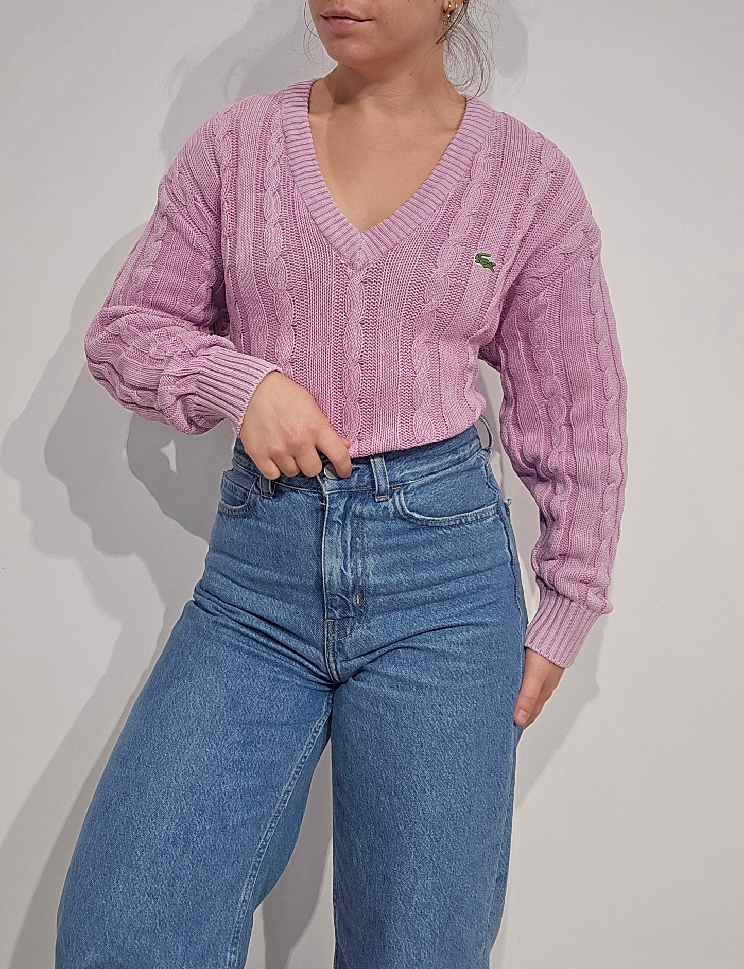 Pull col V en maille torsadée rose des années 80' - S