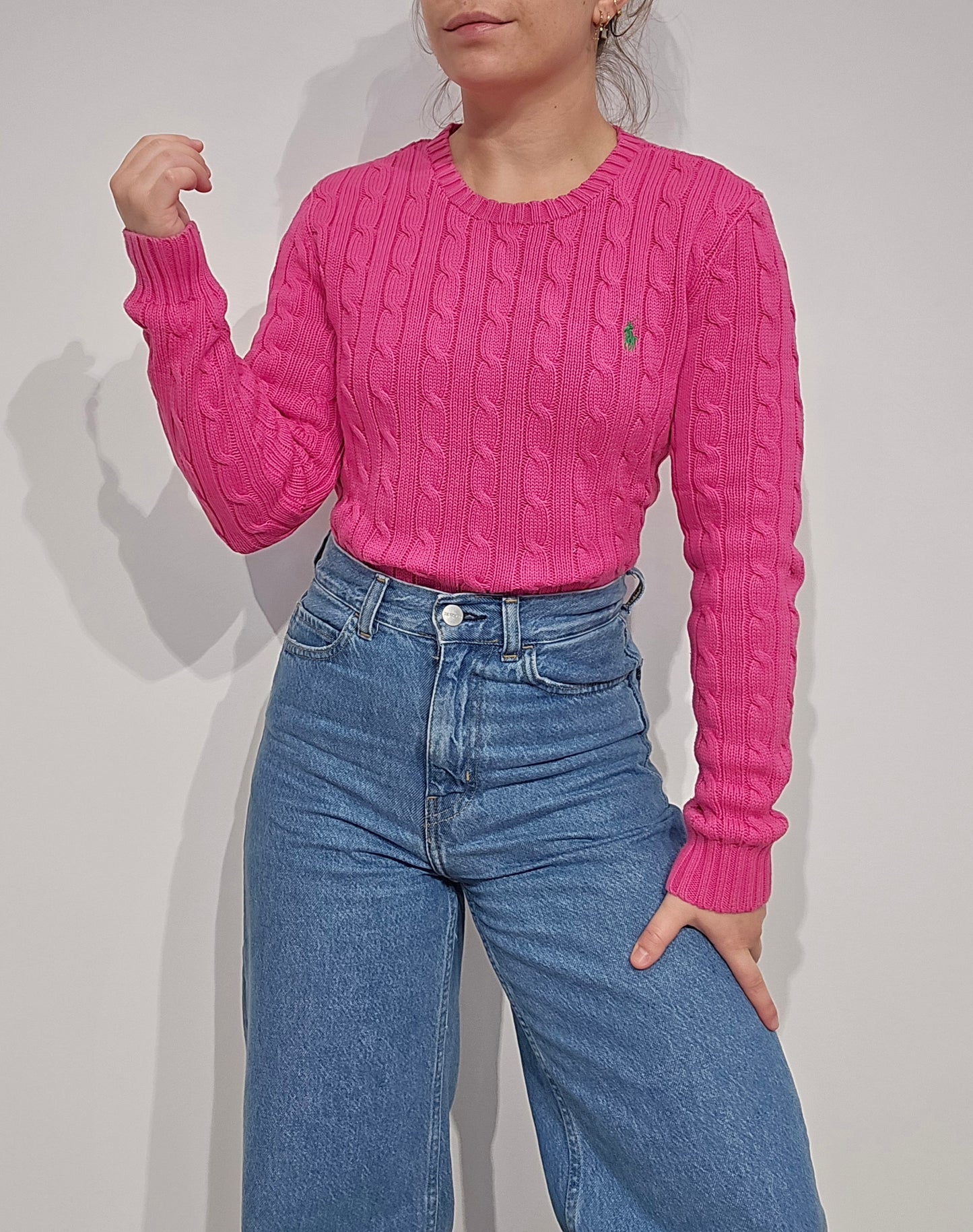 Pull en maille torsadée fushia - S