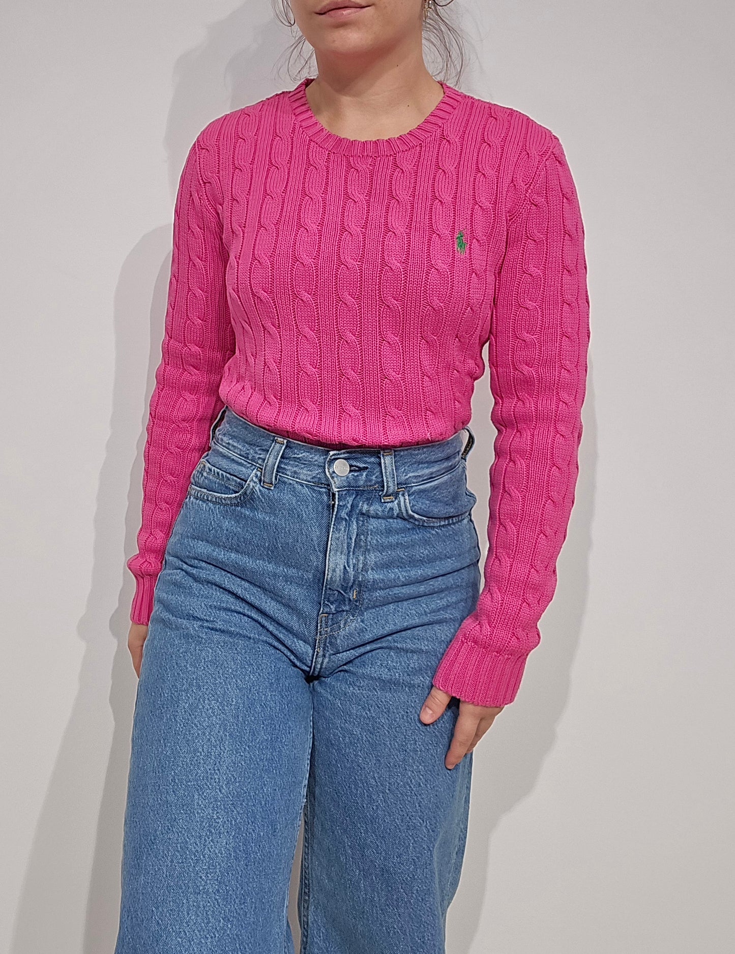 Pull en maille torsadée fushia - S