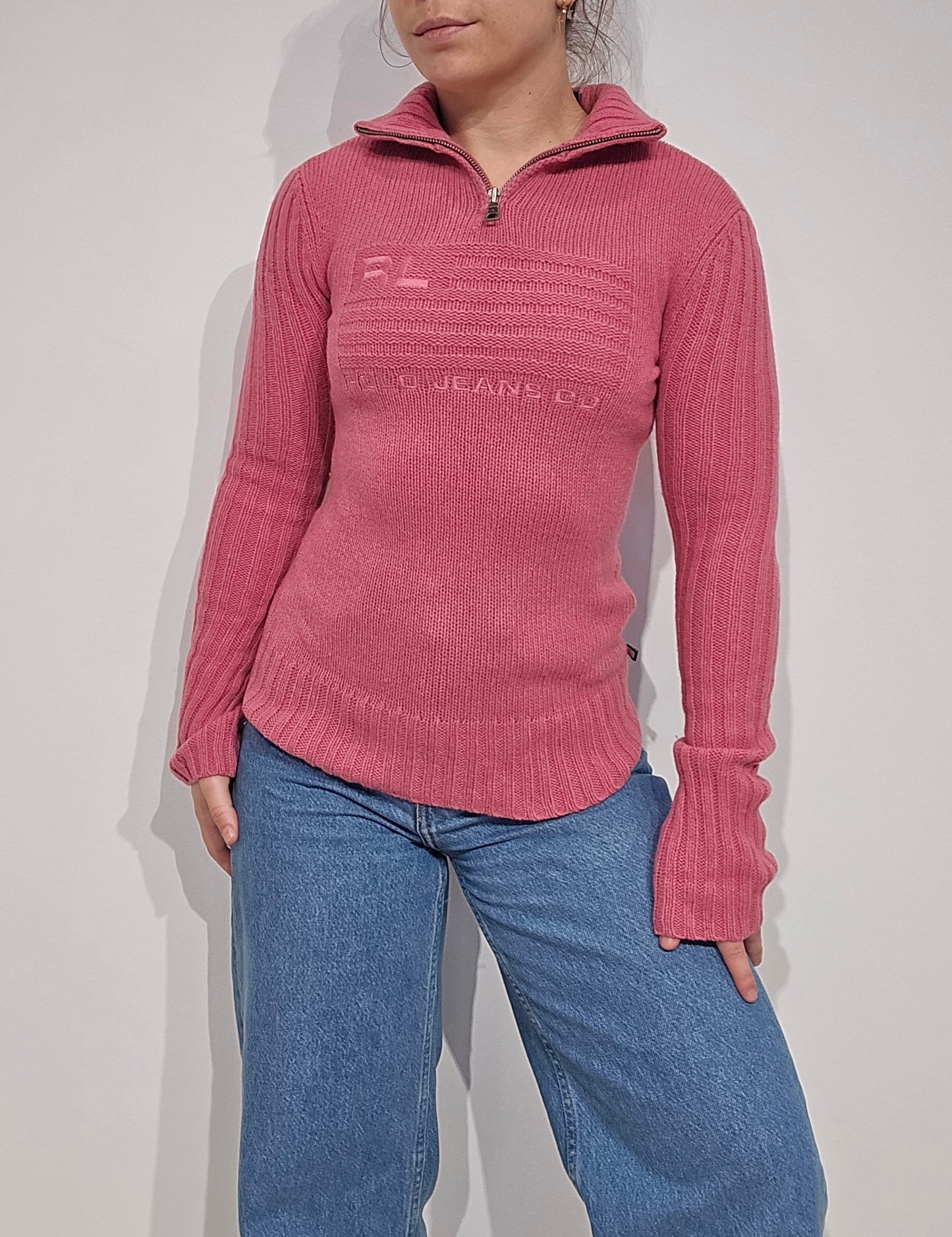 Pull camionneur en laine rose american flag (moulant) - XS