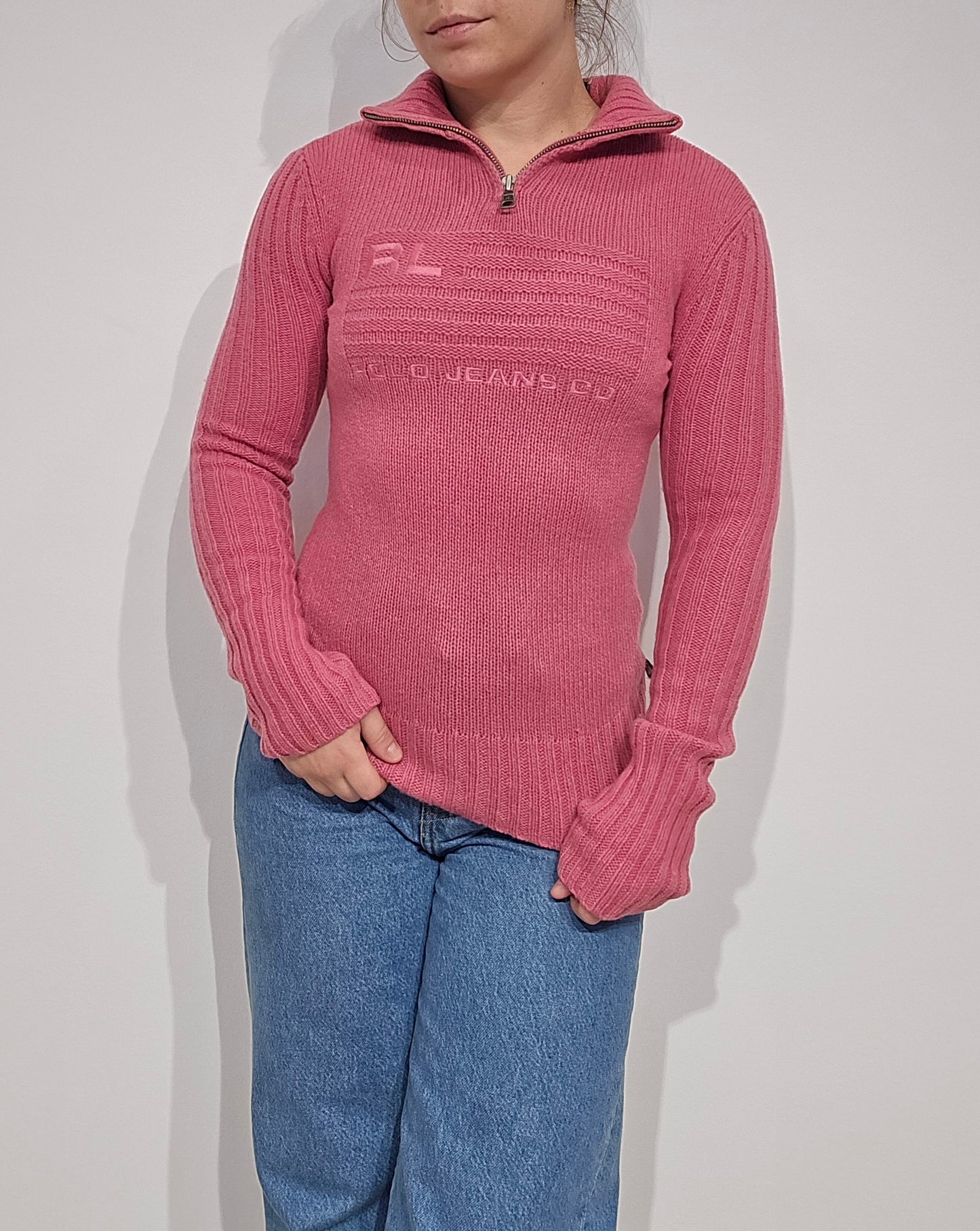 Pull camionneur en laine rose american flag (moulant) - XS