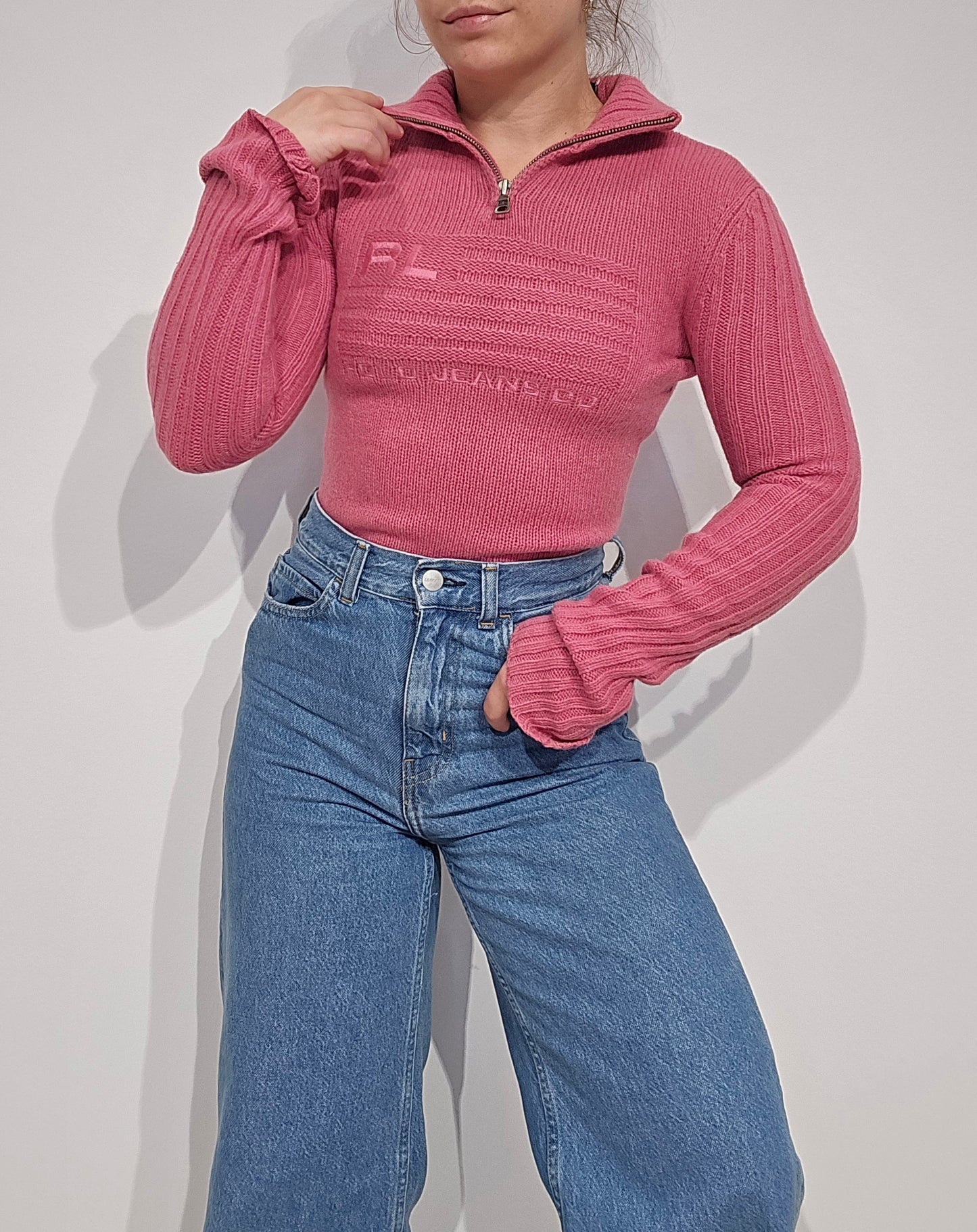 Pull camionneur en laine rose american flag (moulant) - XS
