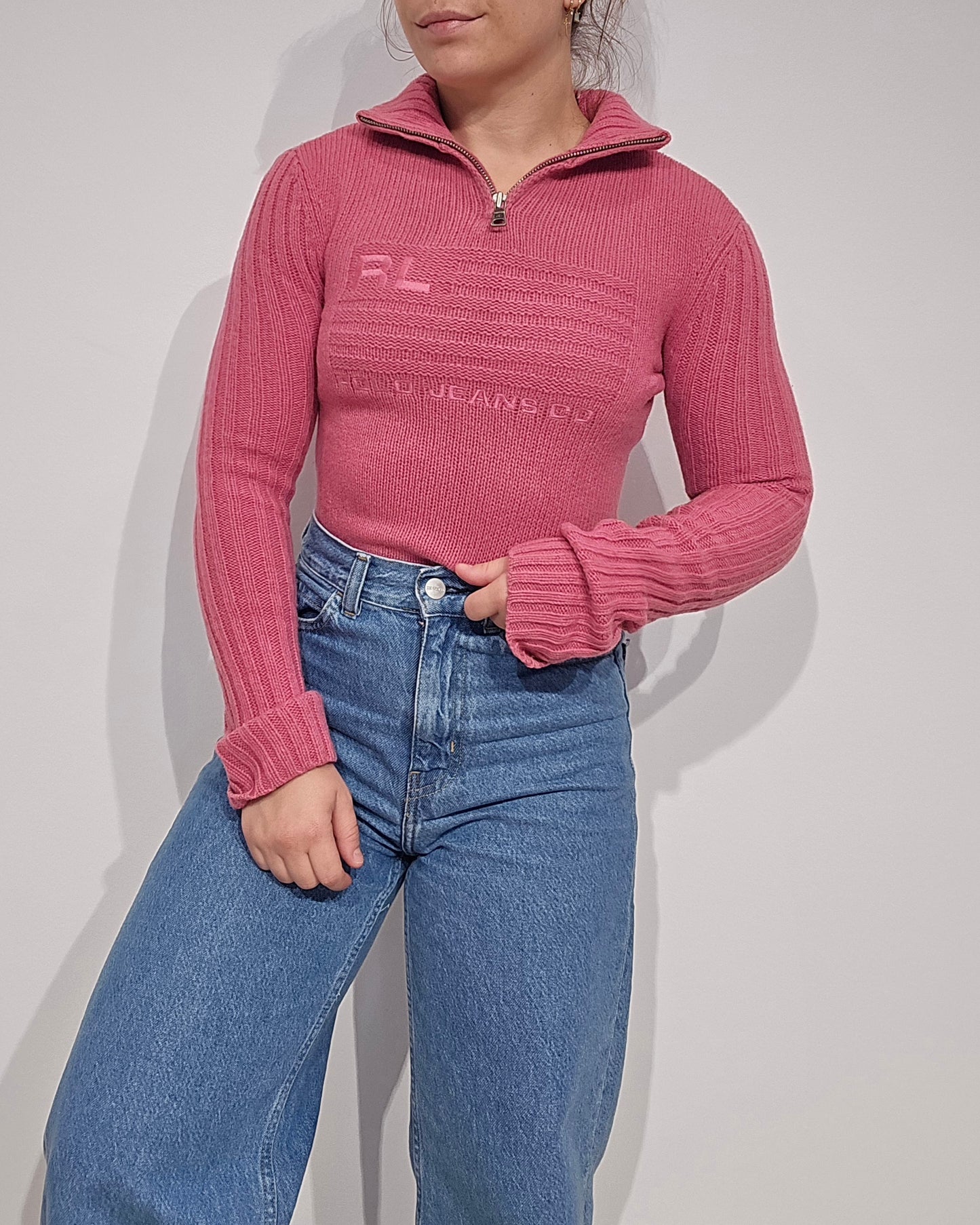 Pull camionneur en laine rose american flag (moulant) - XS