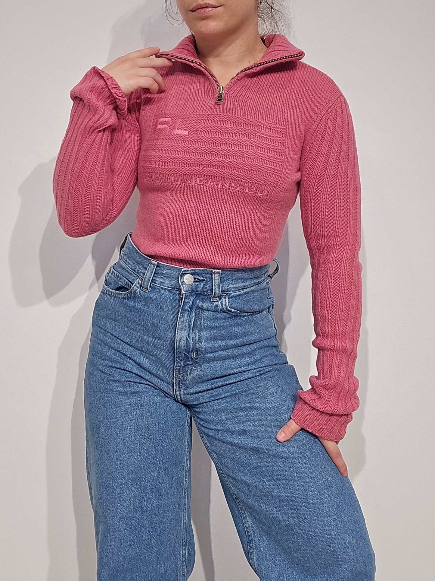 Pull camionneur en laine rose american flag (moulant) - XS