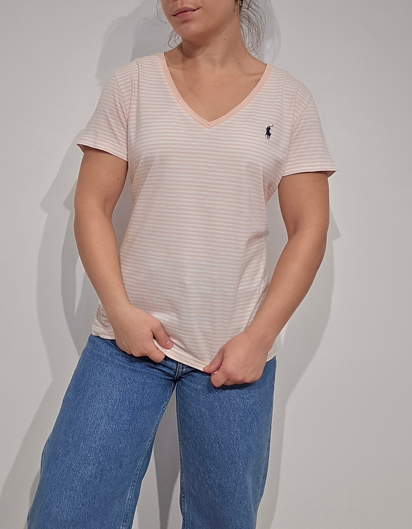 Tee-shirt à rayures abricot/blanc- M