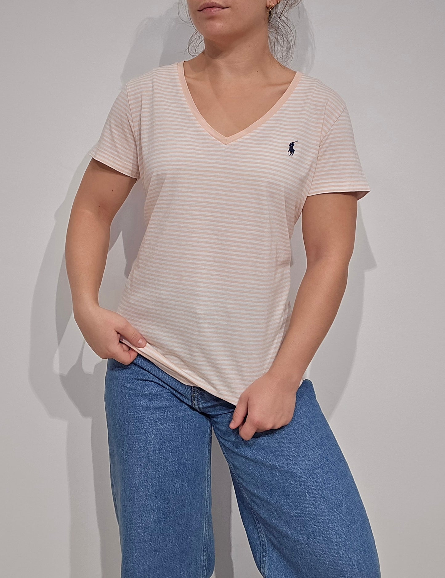 Tee-shirt à rayures abricot/blanc- M