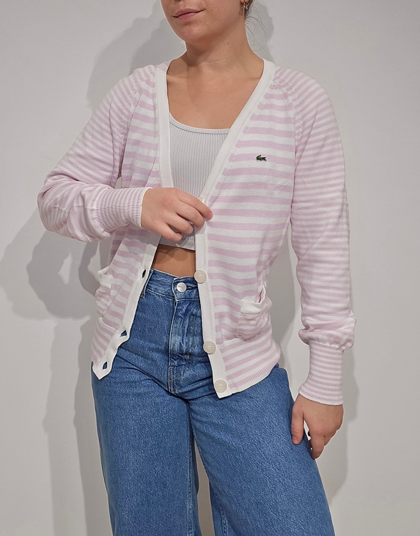 Cardigan à rayures rose/blanc des années 80' - M