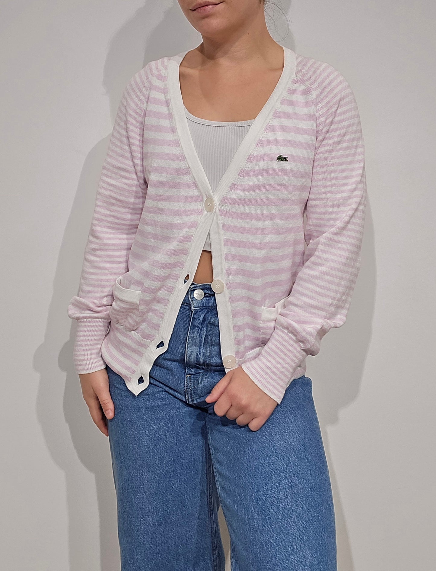 Cardigan à rayures rose/blanc des années 80' - M