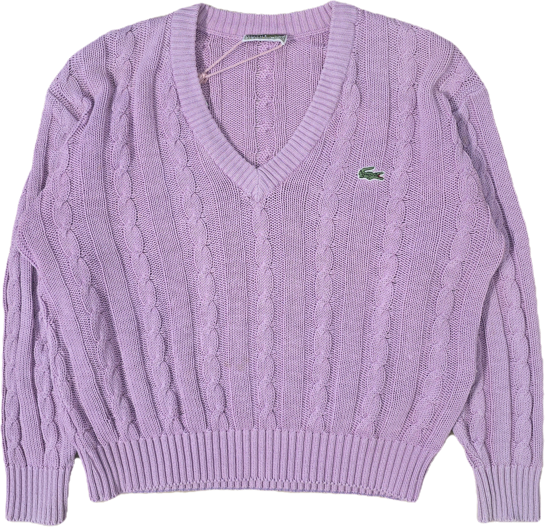 Pull col V en maille torsadée rose des années 80' - S