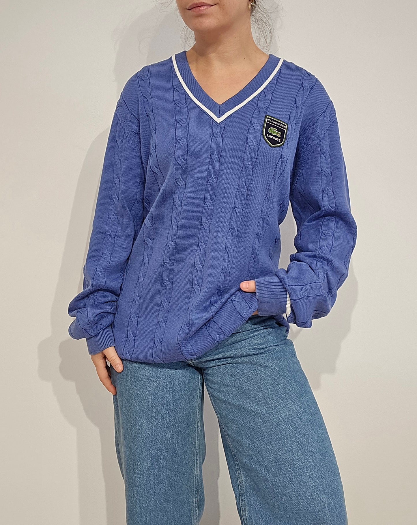 Pull col V en maille torsadée bleu Roland Garros - XL