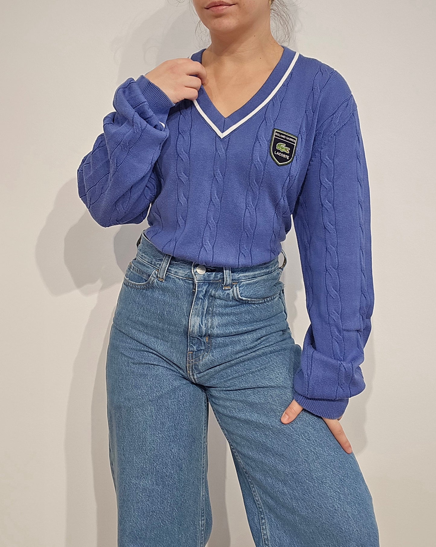 Pull col V en maille torsadée bleu Roland Garros - XL