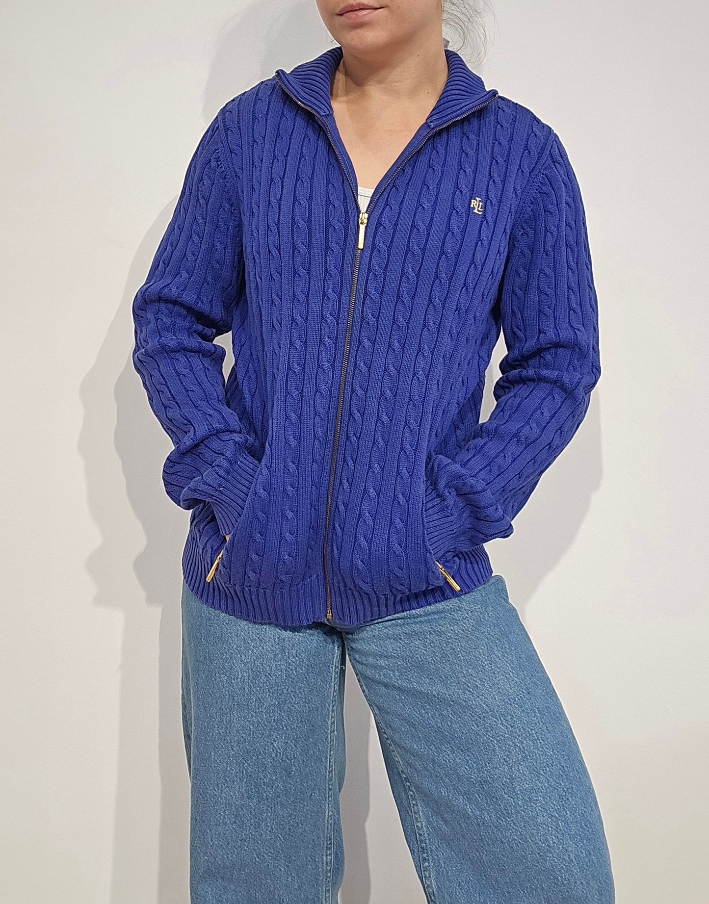 Veste en maille torsadée bleu - M