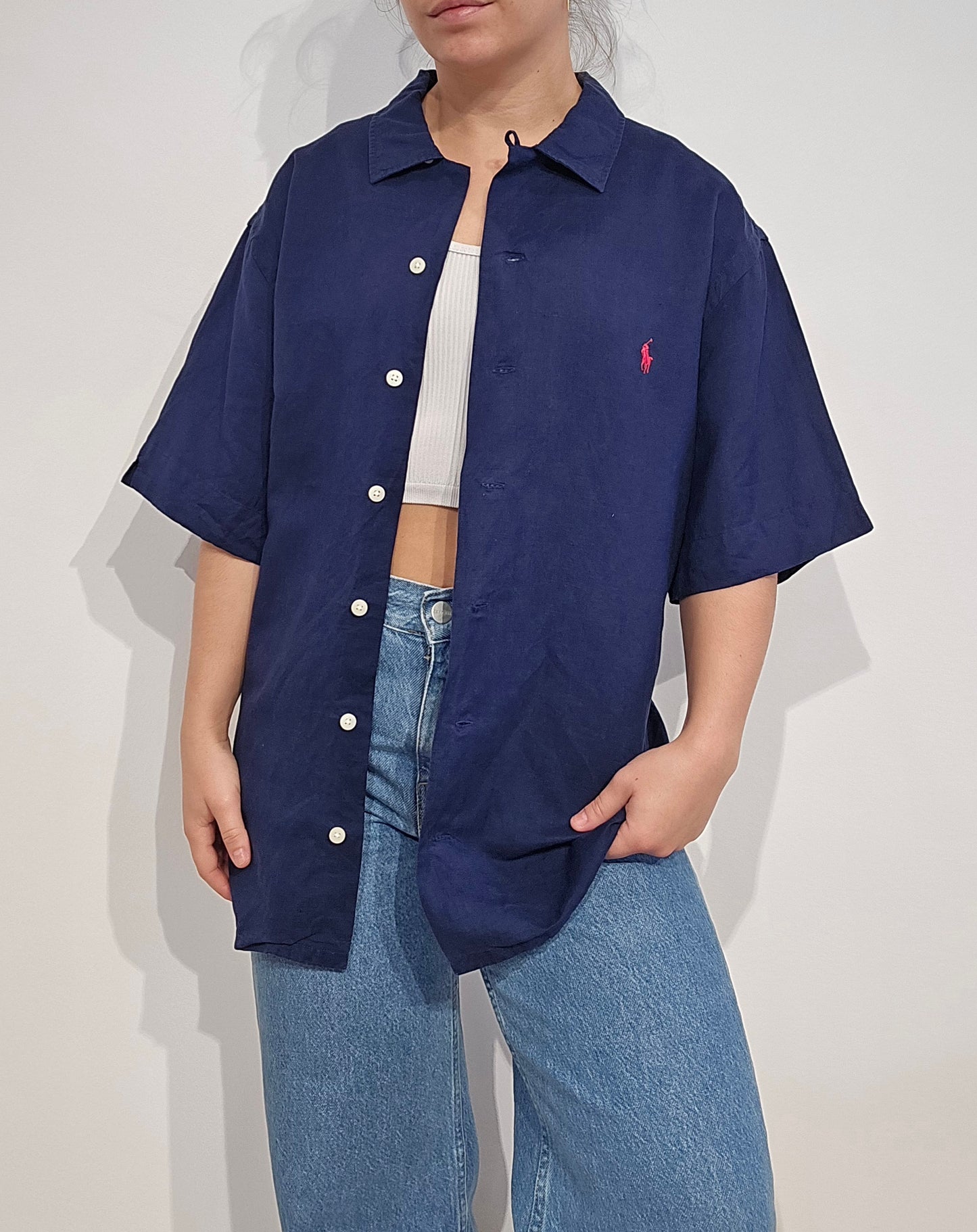 Chemise custom fit en lin marine - XL