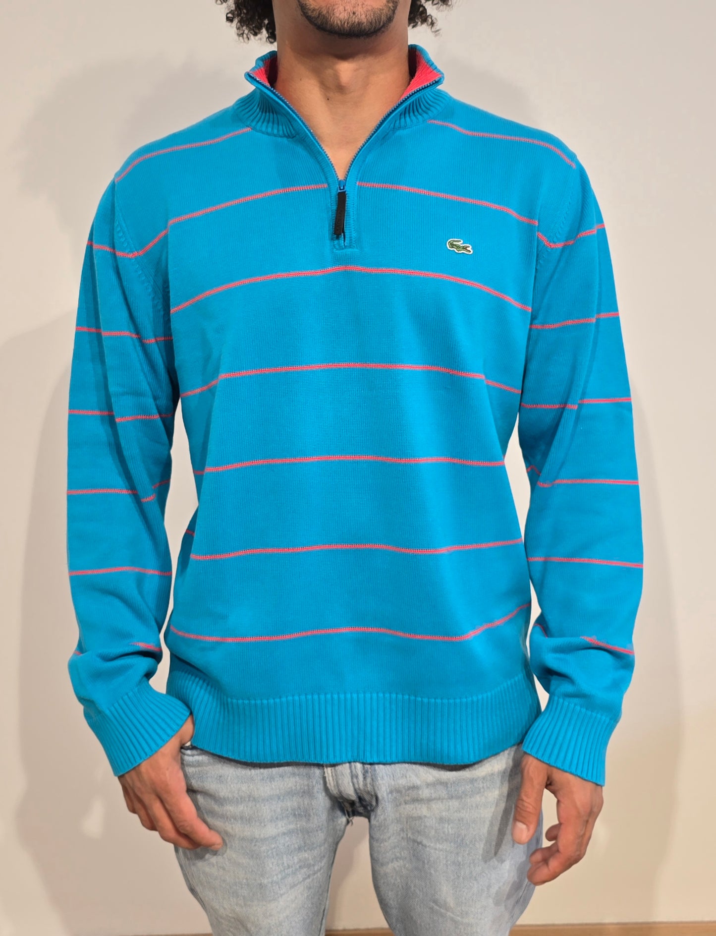Pull camionneur bleu à rayures fushia - L