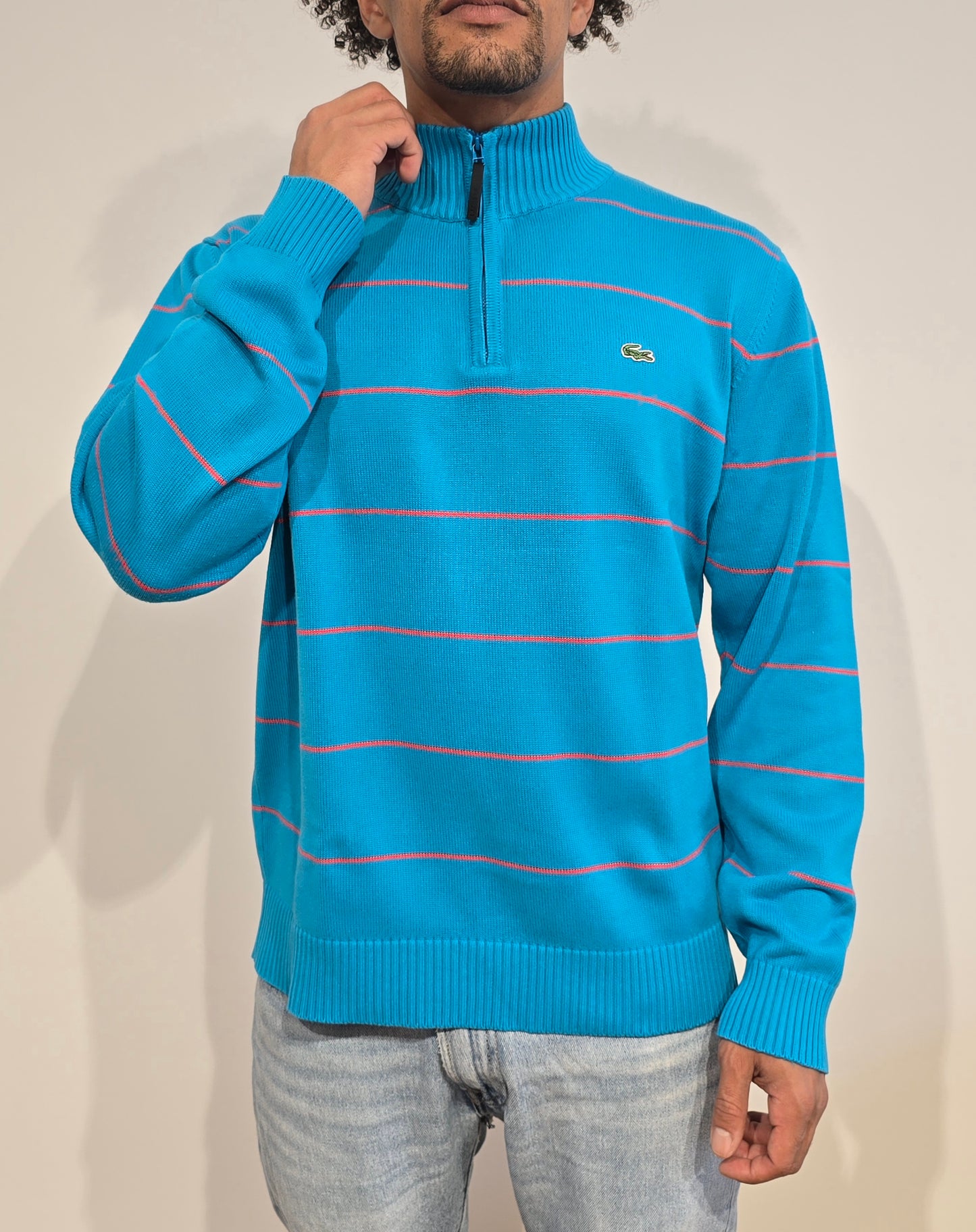 Pull camionneur bleu à rayures fushia - L