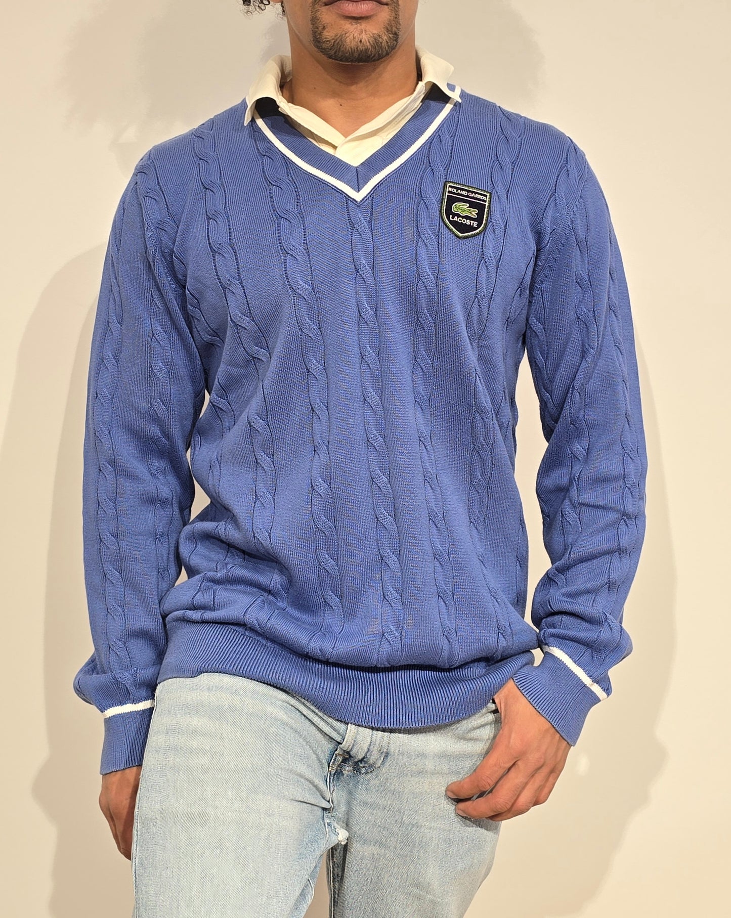 Pull col V en maille torsadée bleu Roland Garros - L