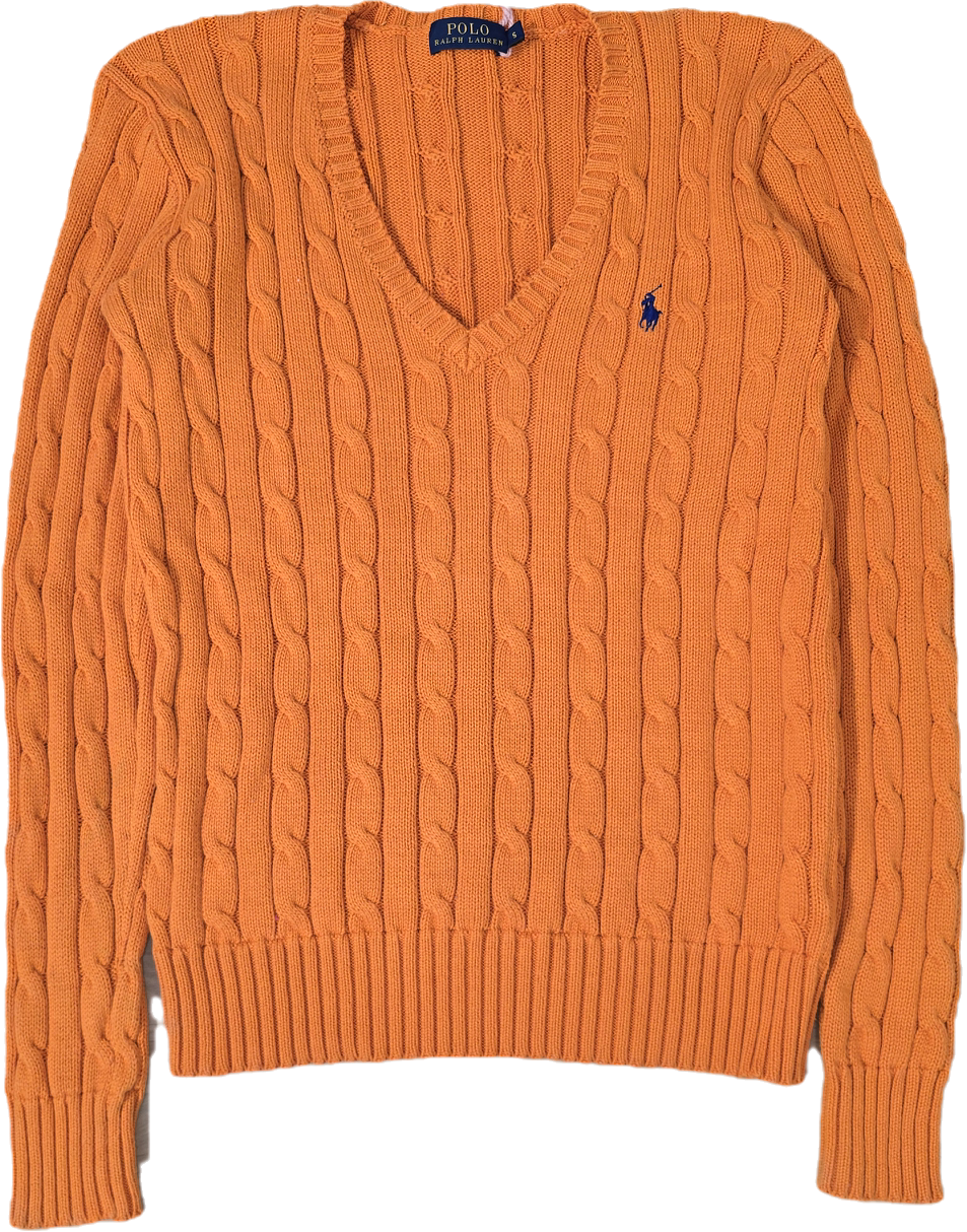 Pull col V en maille torsadé orange - S