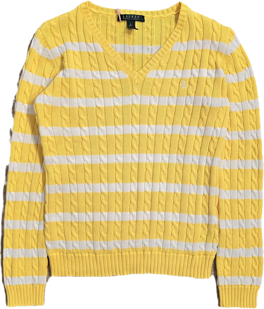 Pull col rond en maille torsadée jaune/blanc collection RLR - S/M