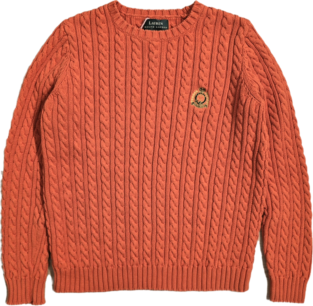 Pull col rond en maille torsadée orange brodé - S/M