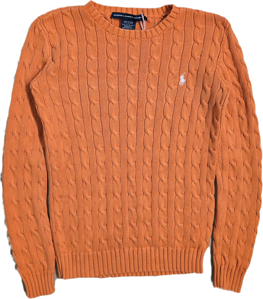 Pull col rond en maille torsadée orange - S