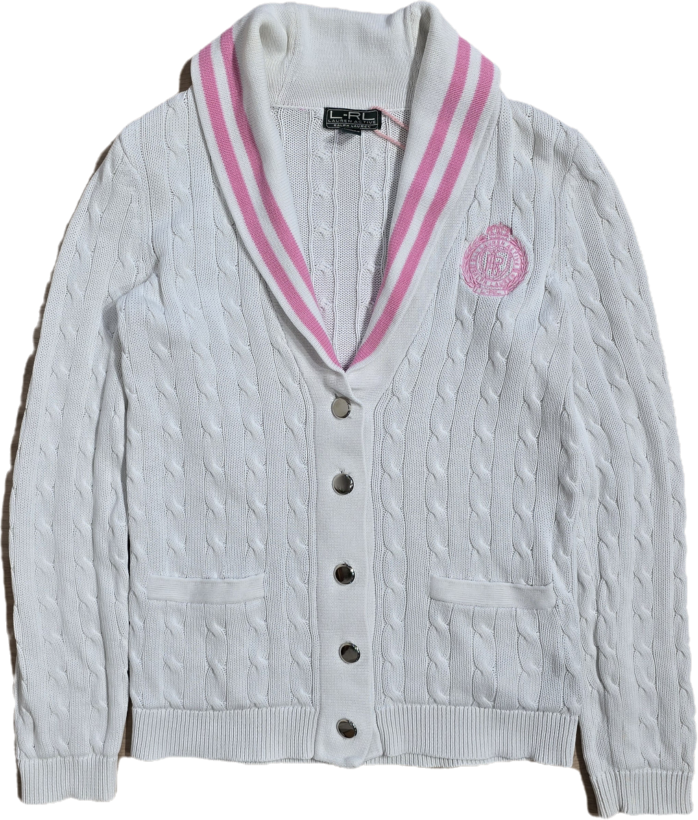 Cardigan en maille torsadée blanc bordé - S/M