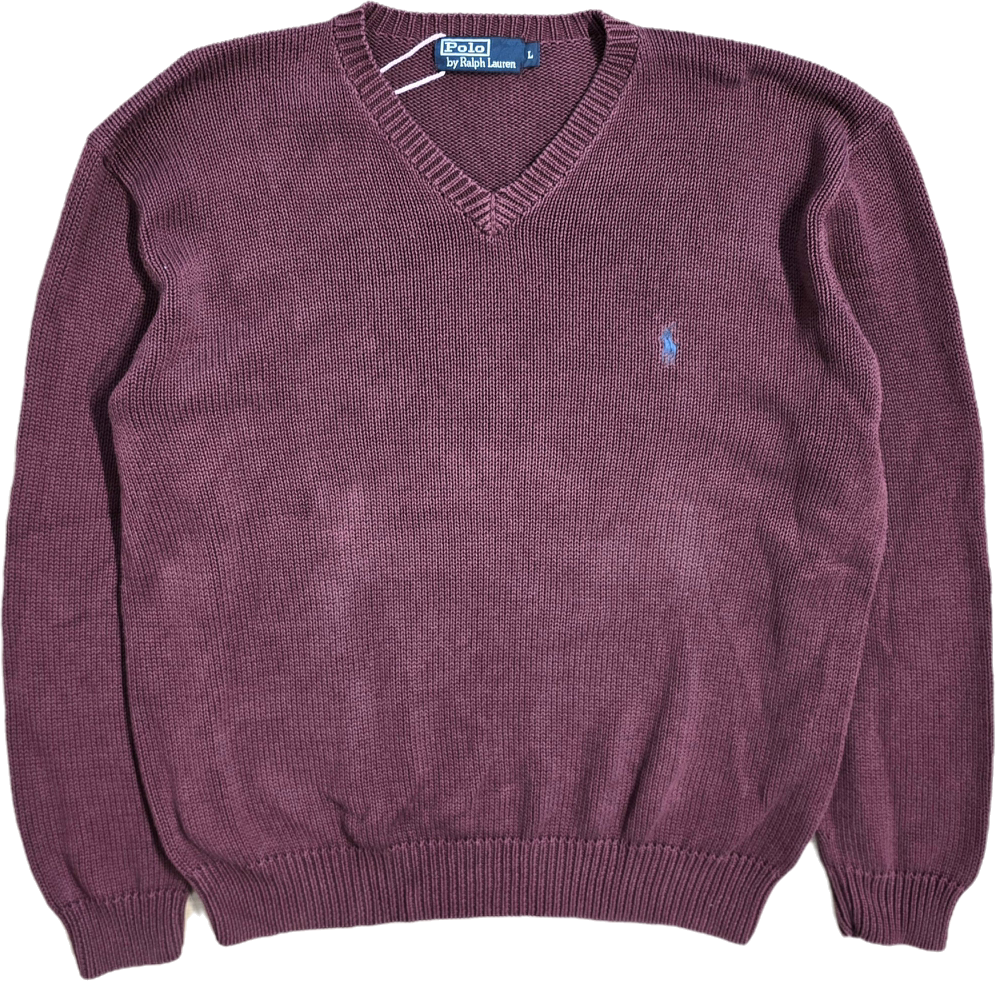 Pull col V en maille bordeaux - L