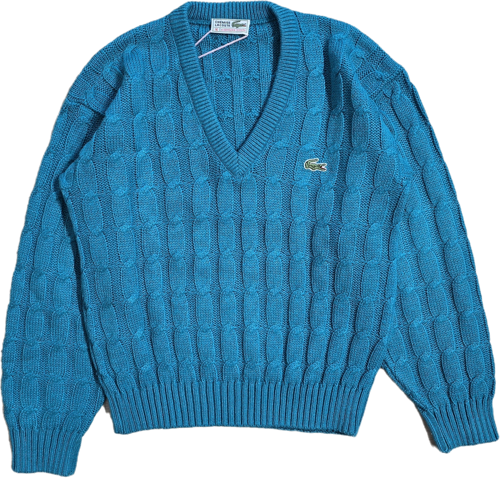 Pull col V en maille torsadée turquoise des aqnnées 80' - S